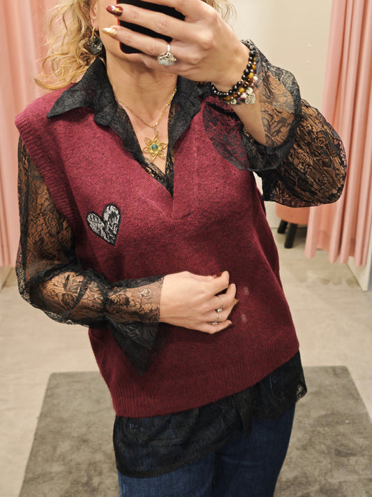Burgundy sweater and lace shirt