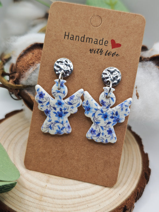 Boucle d'oreille ange fleurs bleues
