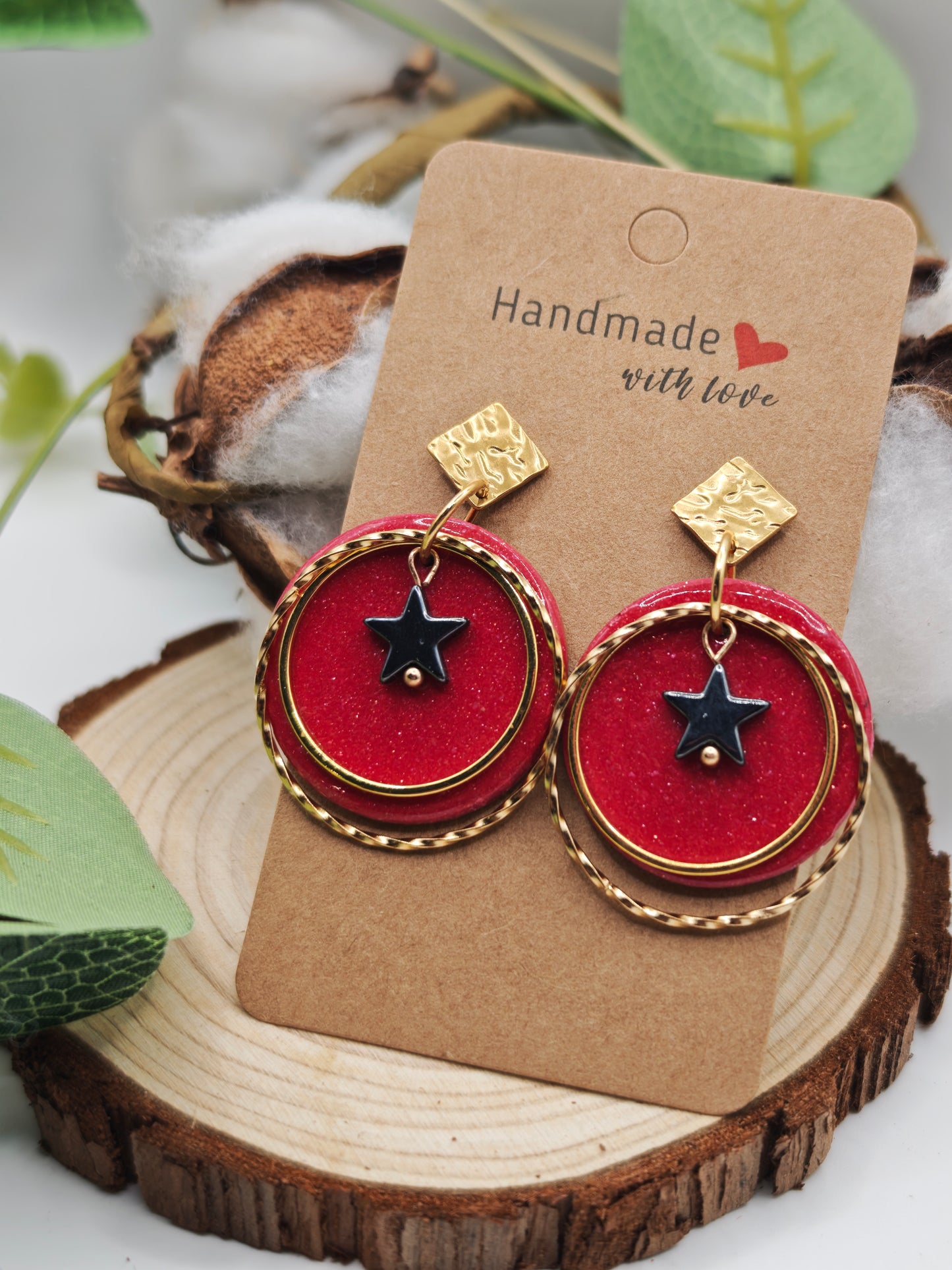 Boucle oreille rouge pailleté étoile