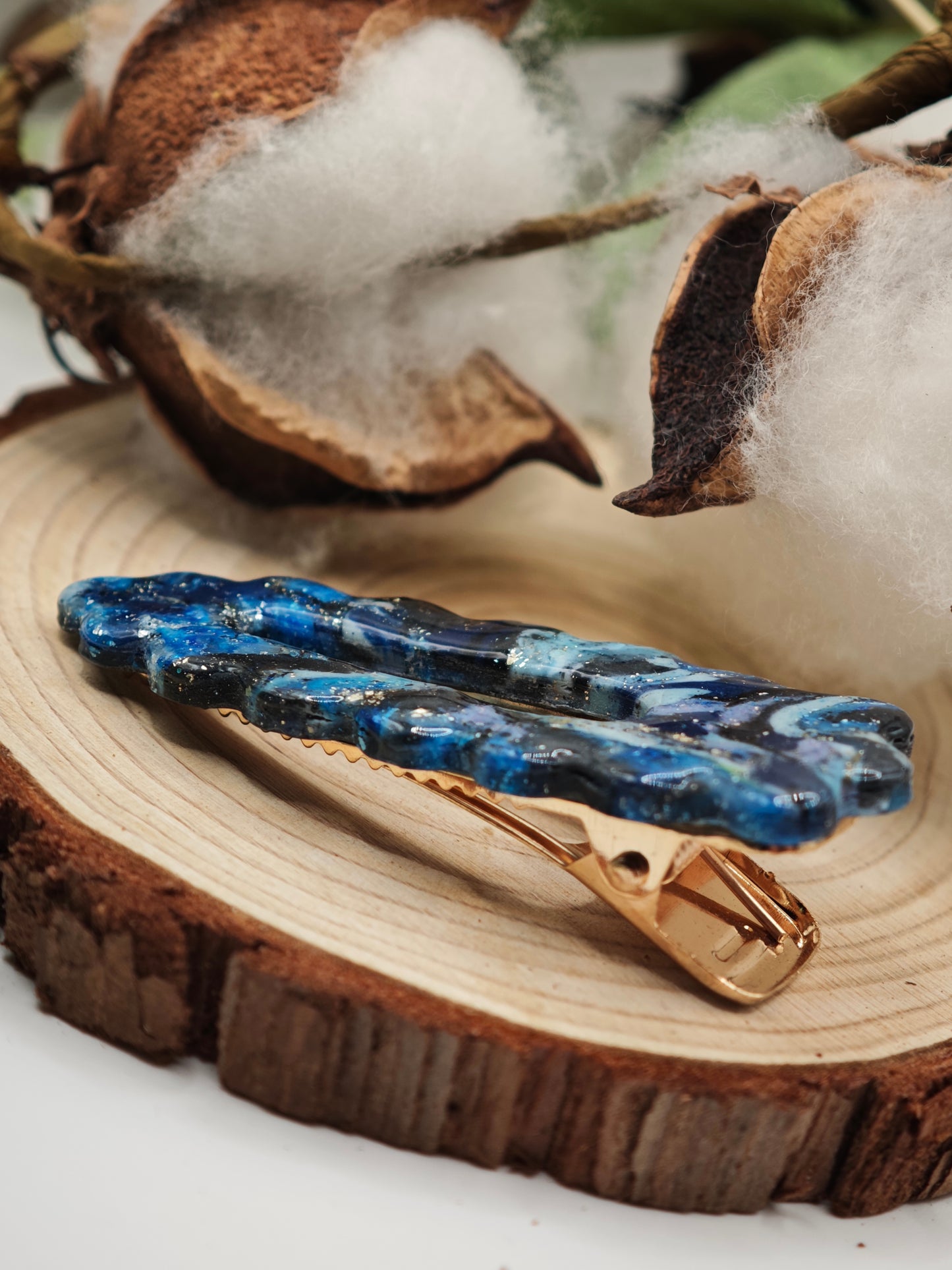 Barrette Cheveux Bleue Artisanale - Argile Polymère & Feuille d'Or