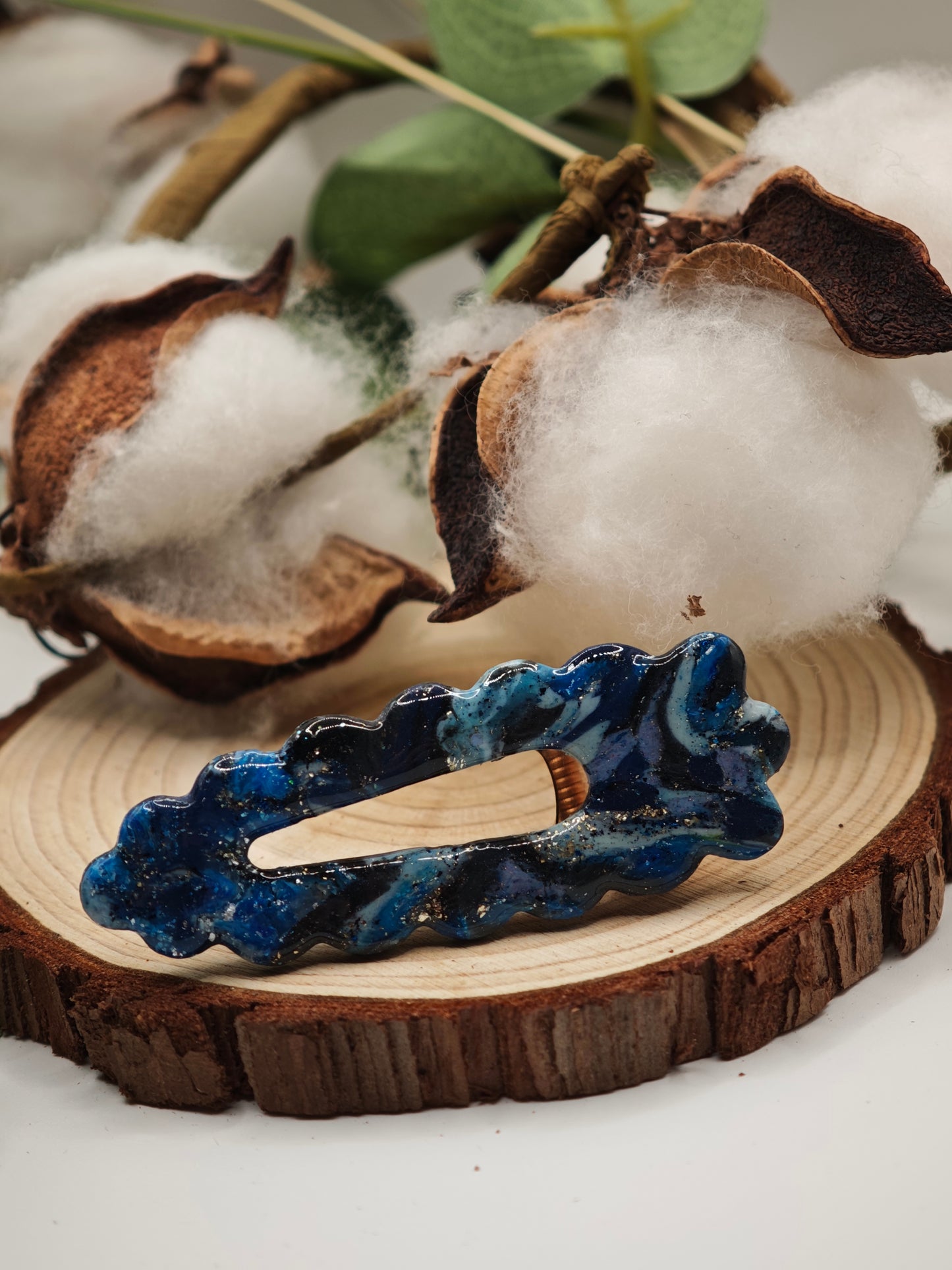 Barrette Cheveux Bleue Artisanale - Argile Polymère & Feuille d'Or