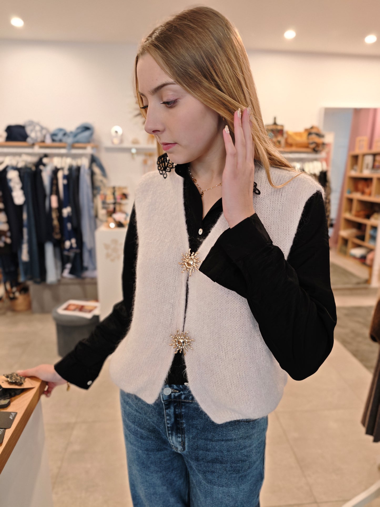 Gilet sans manche soleil taupe mohair