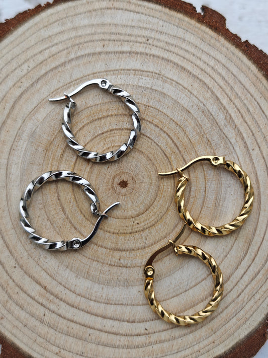 Créoles torsadées en acier inoxydable 316 dorées ou argentées